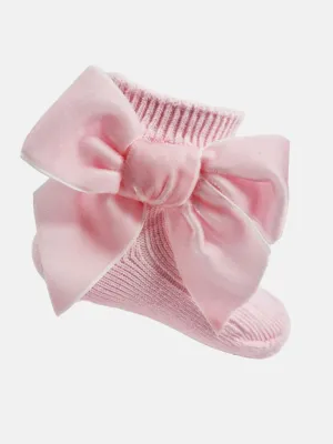 Baby Girl Ribbed Ankle Socks with Large Velvet Bow - Pink