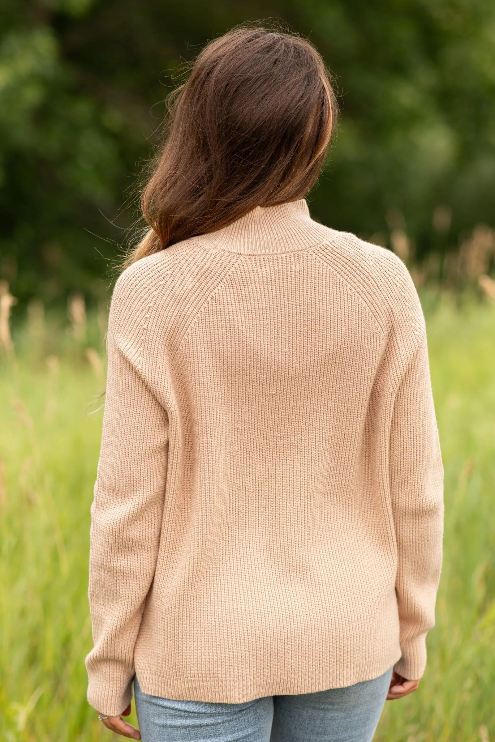 Beige Ribbed Mock Neck Sweater