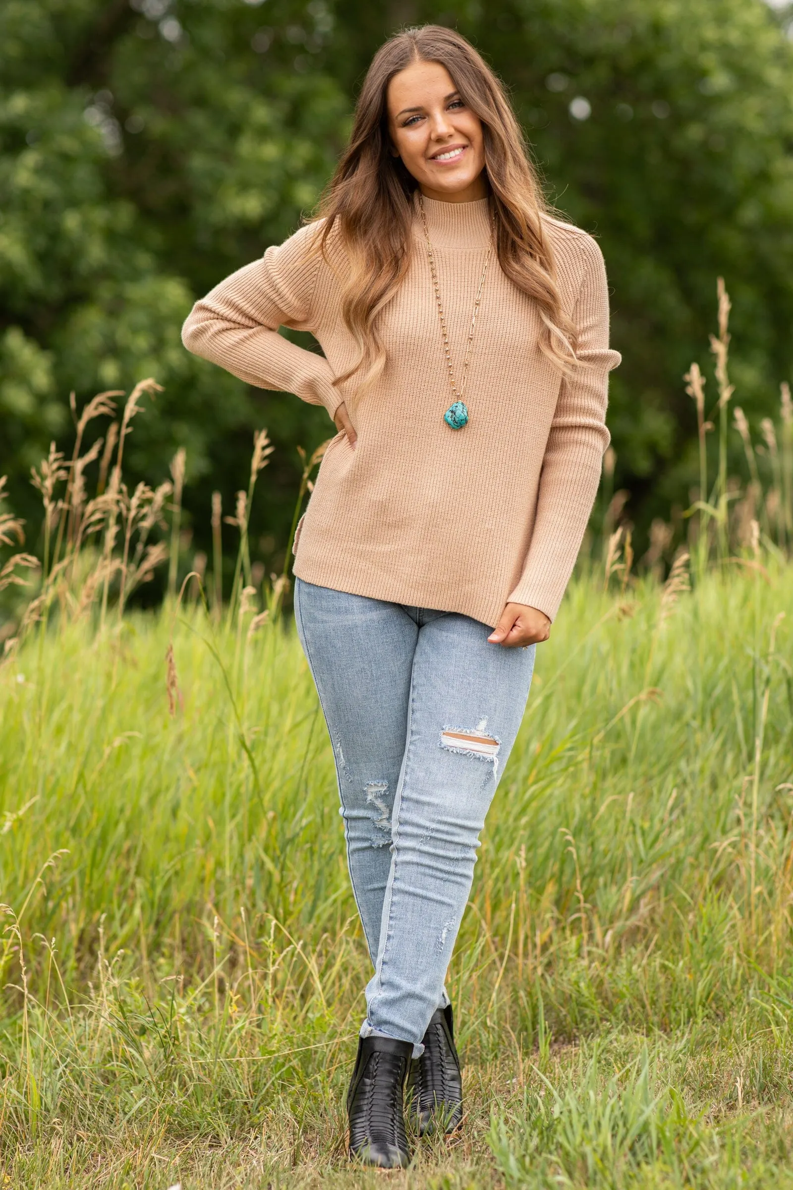 Beige Ribbed Mock Neck Sweater