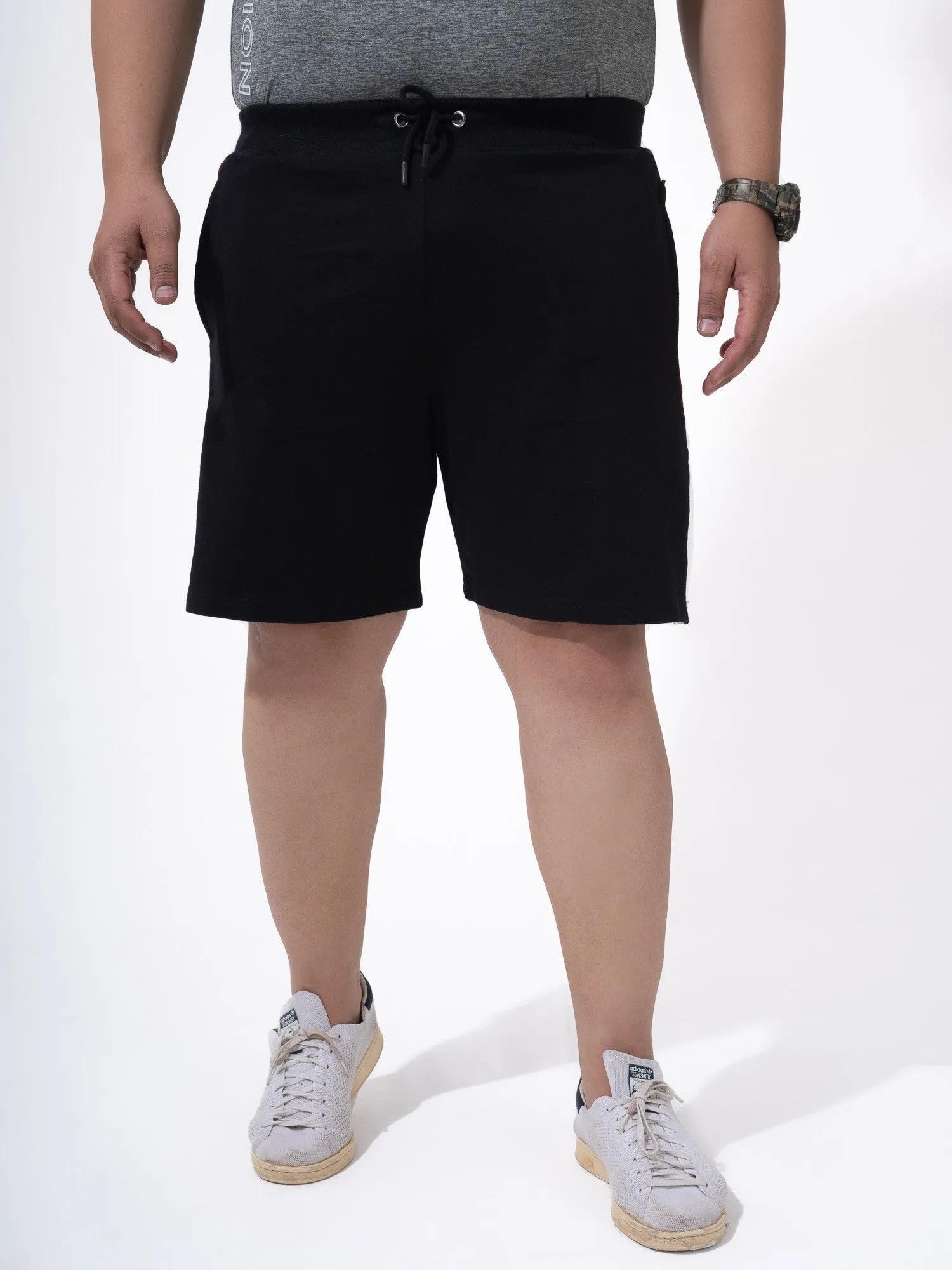 Black Colour Block Cotton Plus Size Shorts