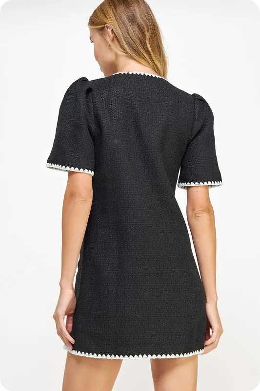 Black/White Embroidered Tweed Mini Dress