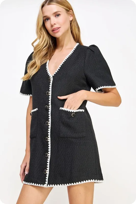 Black/White Embroidered Tweed Mini Dress