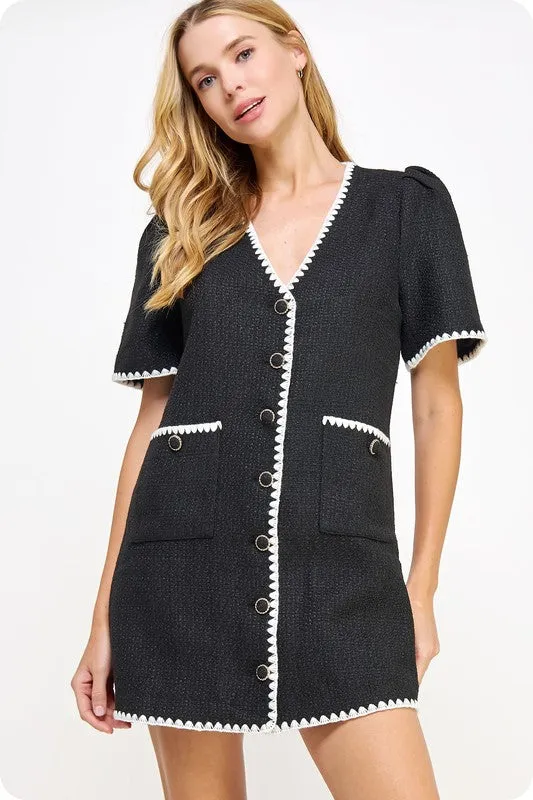 Black/White Embroidered Tweed Mini Dress