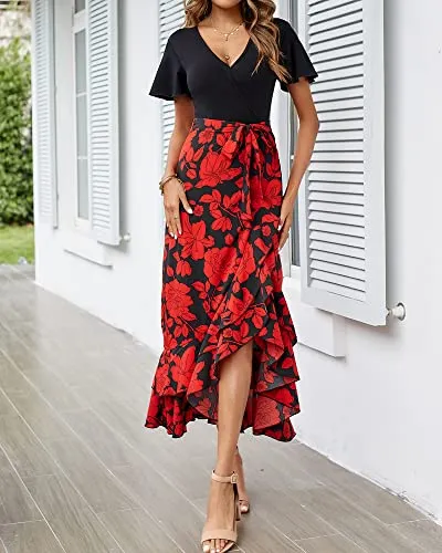 BTFBM Women Summer Long Dresses 2023 Short Sleeve V Neck Boho Floral Print Tie Waist High Low Ruffle Cocktail Maxi Dress(Big Floral Black Red, Medium)