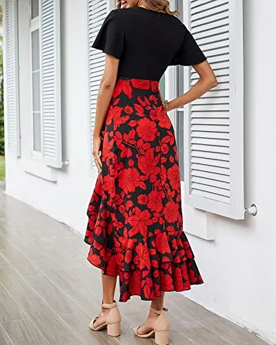 BTFBM Women Summer Long Dresses 2023 Short Sleeve V Neck Boho Floral Print Tie Waist High Low Ruffle Cocktail Maxi Dress(Big Floral Black Red, Medium)