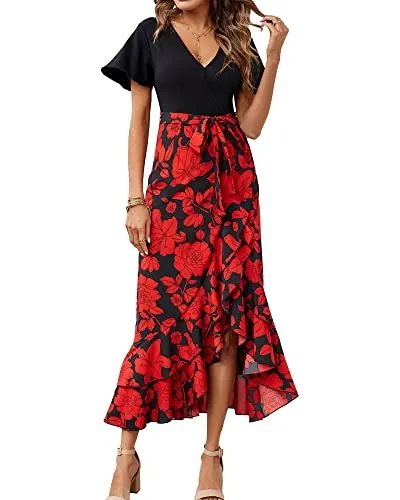 BTFBM Women Summer Long Dresses 2023 Short Sleeve V Neck Boho Floral Print Tie Waist High Low Ruffle Cocktail Maxi Dress(Big Floral Black Red, Medium)