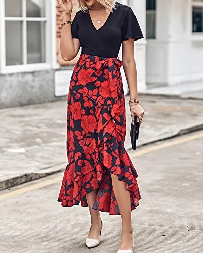 BTFBM Women Summer Long Dresses 2023 Short Sleeve V Neck Boho Floral Print Tie Waist High Low Ruffle Cocktail Maxi Dress(Big Floral Black Red, Medium)