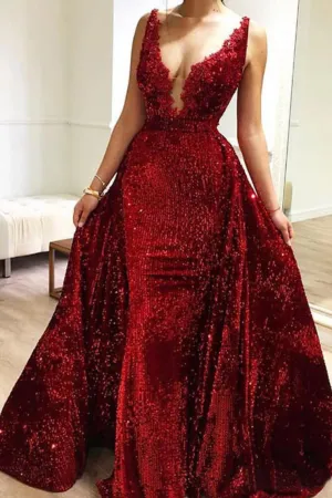 Burgundy Sequins Long V Neck Prom Dresses Lace Evening Dresses