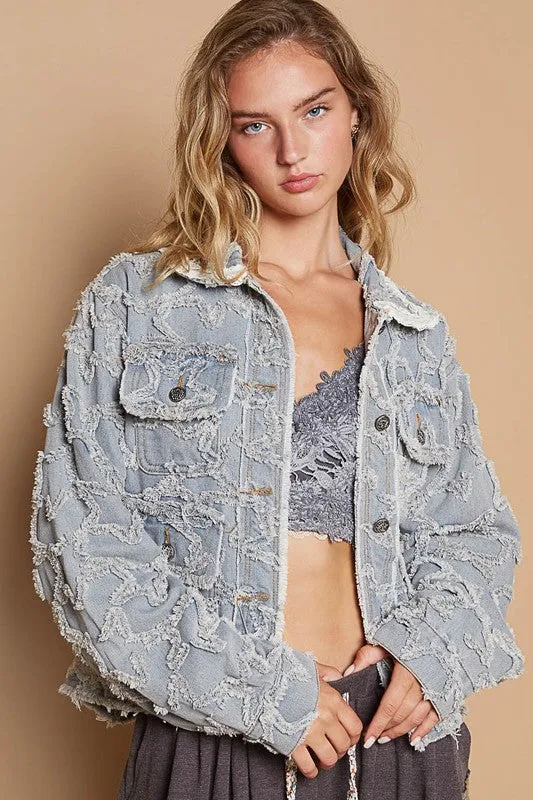 Camden Star Textured Raw Hem Denim Jacket