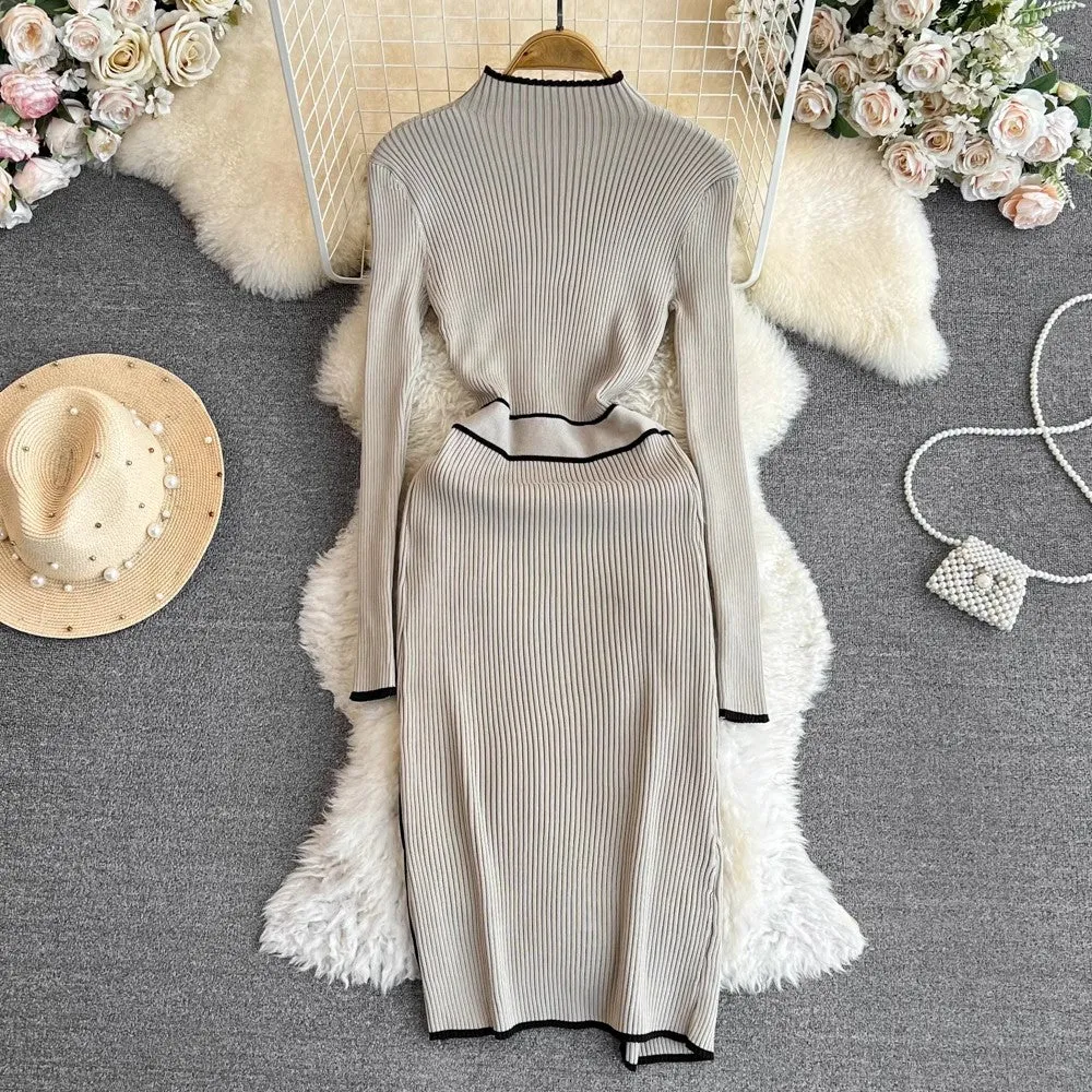 chic long-sleeved mid-length knitted dress     S4212