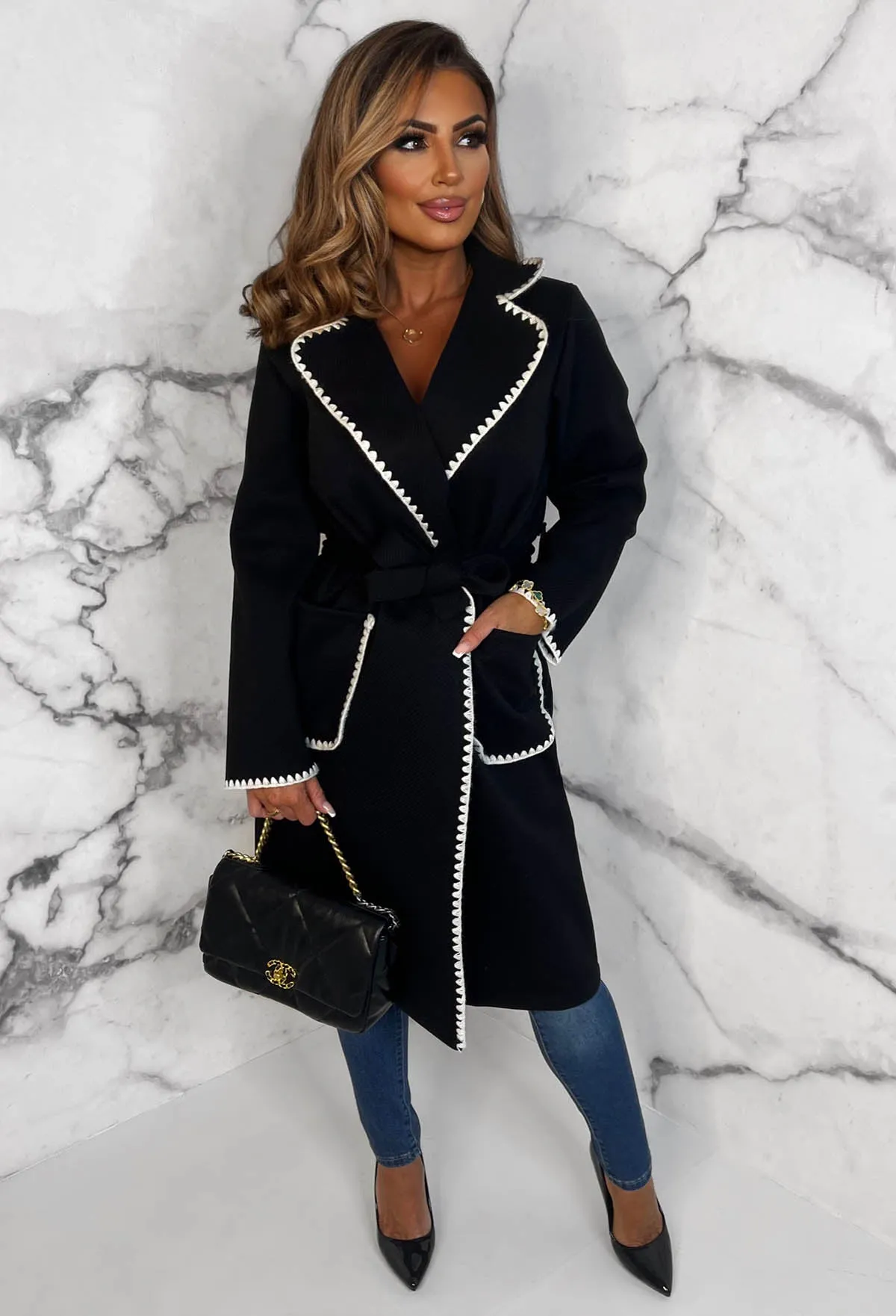 Chic Love Black Contrast Stitch Belted Coat