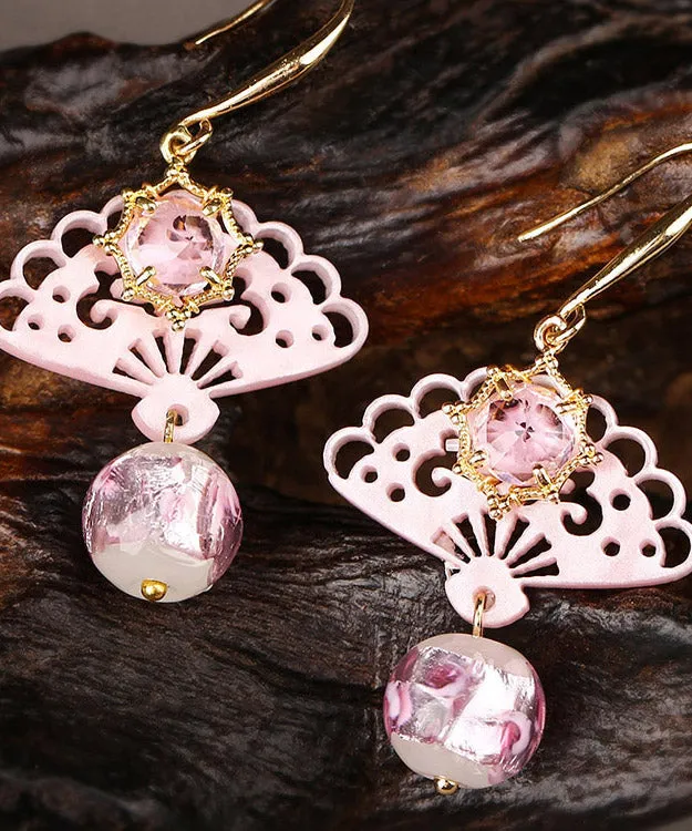 Chic Pink Copper Crystal Coloured Glaze Fan Drop Earrings FA304