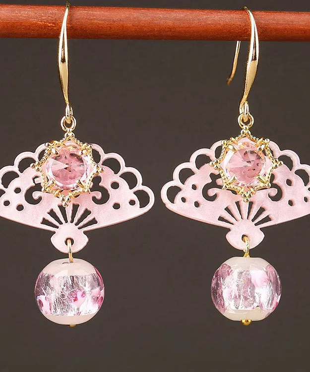 Chic Pink Copper Crystal Coloured Glaze Fan Drop Earrings FA304