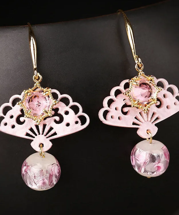 Chic Pink Copper Crystal Coloured Glaze Fan Drop Earrings FA304