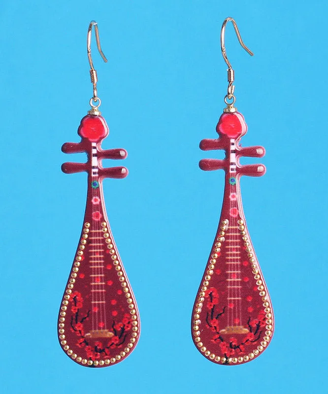 Chic Red Sterling Silver Pipa Drop Earrings LY2301