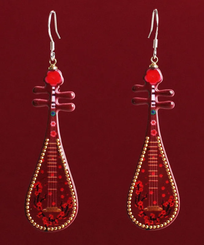 Chic Red Sterling Silver Pipa Drop Earrings LY2301