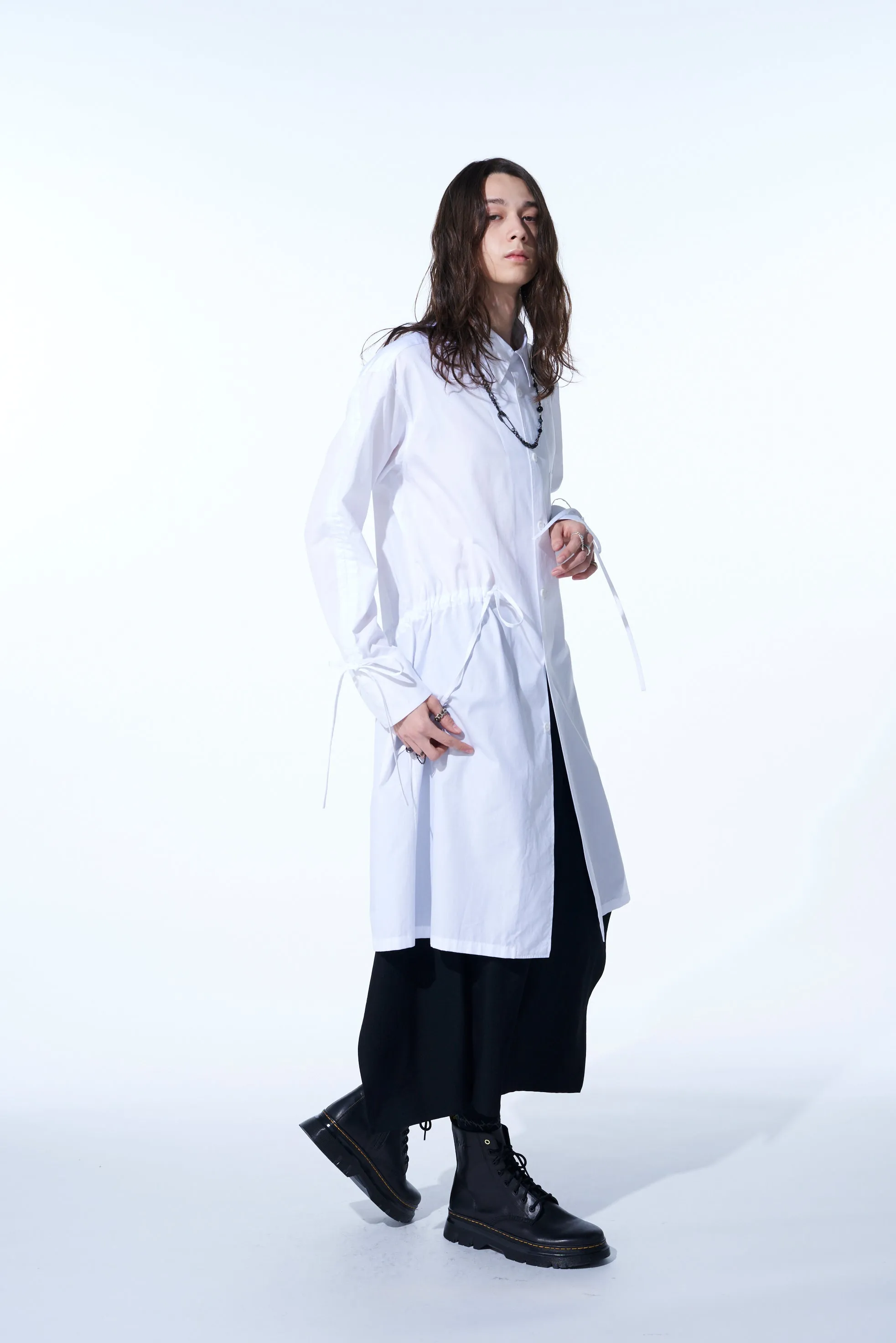 COTTON BROAD CLOTH OVERSIZED LONG SHIRT WITH GATHERED STRINGS