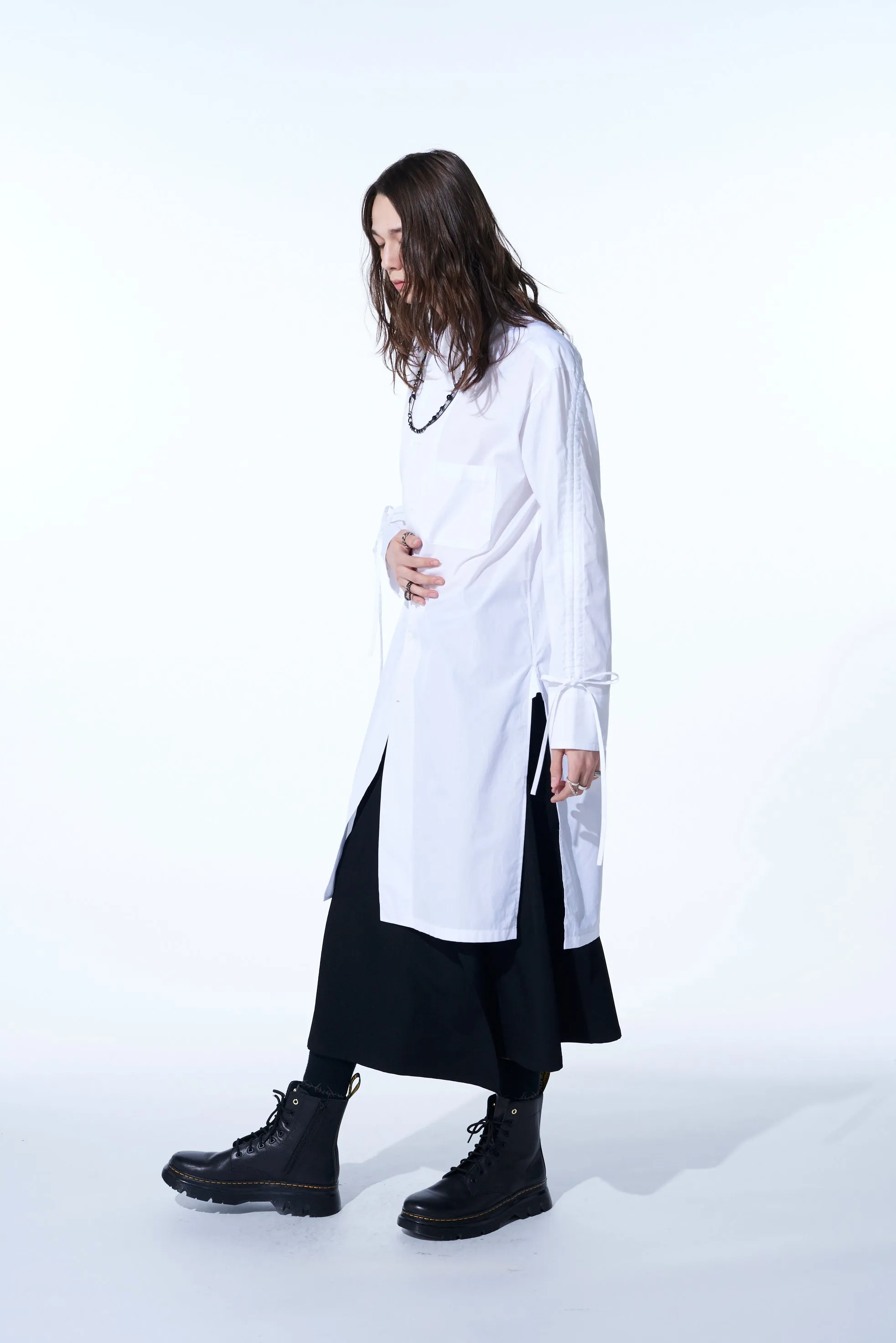 COTTON BROAD CLOTH OVERSIZED LONG SHIRT WITH GATHERED STRINGS