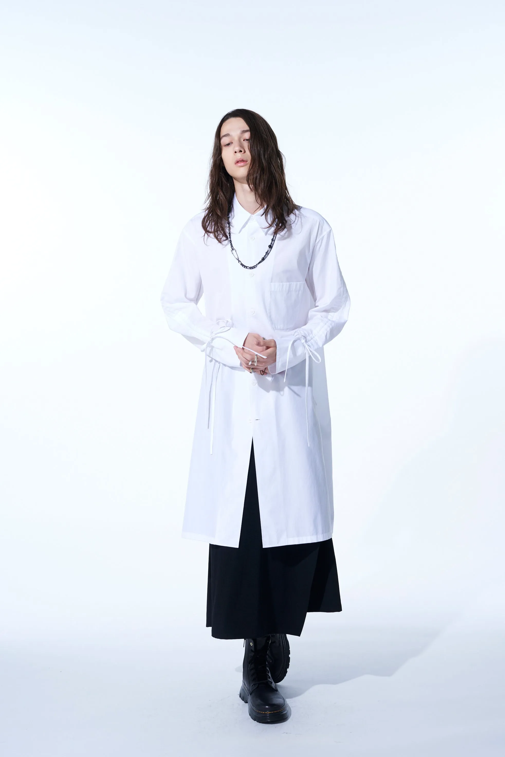 COTTON BROAD CLOTH OVERSIZED LONG SHIRT WITH GATHERED STRINGS