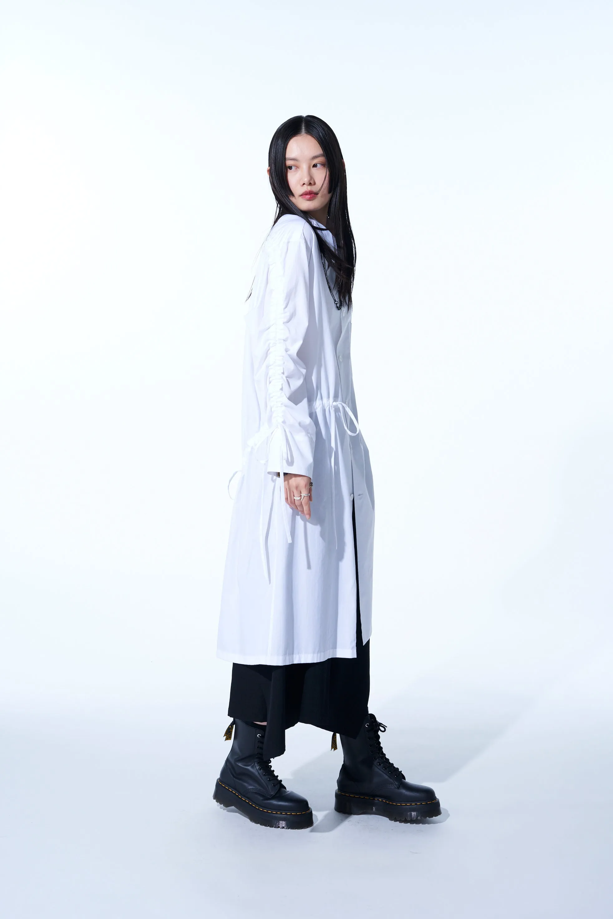 COTTON BROAD CLOTH OVERSIZED LONG SHIRT WITH GATHERED STRINGS