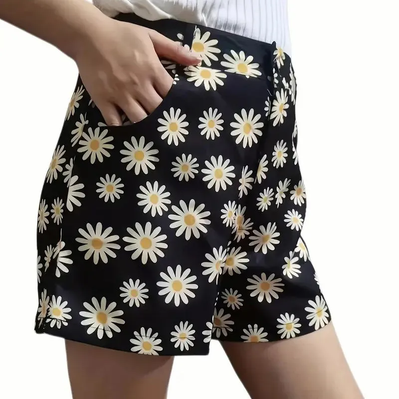 Daisy Print Versatile Shorts Casual High Waist Shorts Womens Clothing