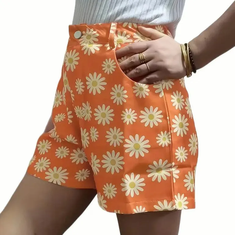 Daisy Print Versatile Shorts Casual High Waist Shorts Womens Clothing