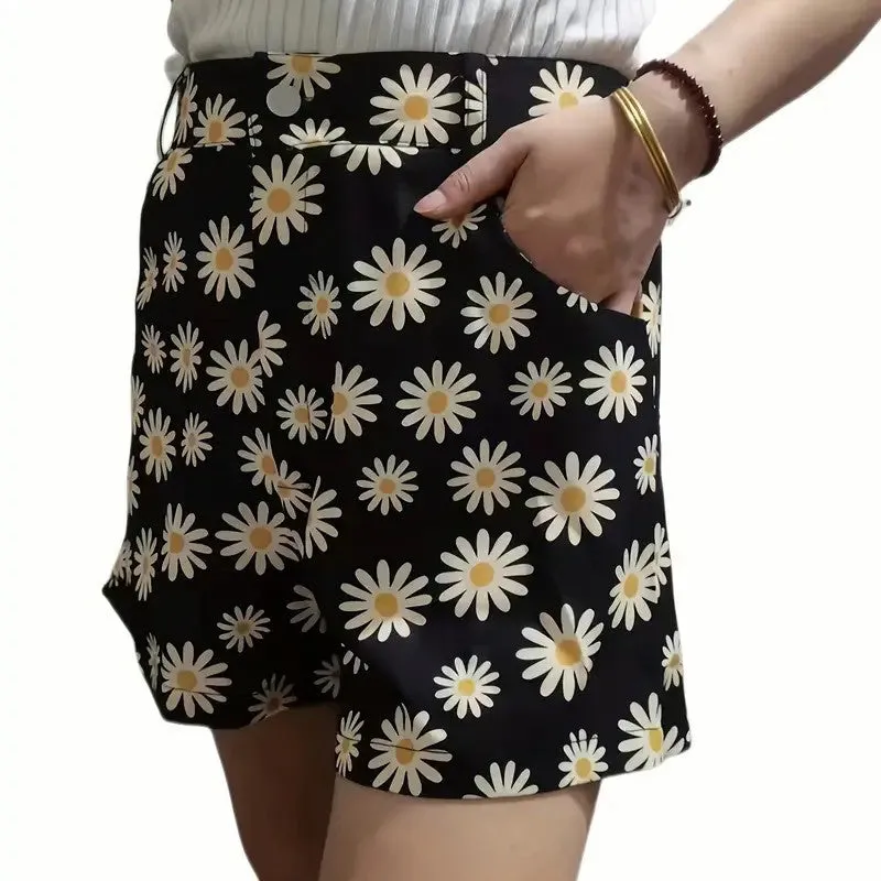 Daisy Print Versatile Shorts Casual High Waist Shorts Womens Clothing