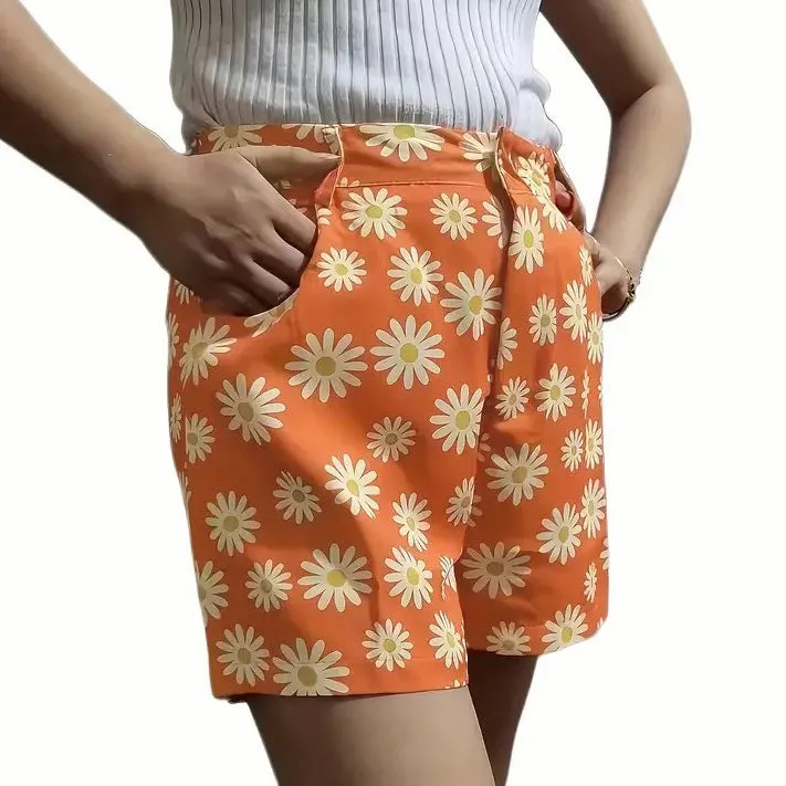 Daisy Print Versatile Shorts Casual High Waist Shorts Womens Clothing