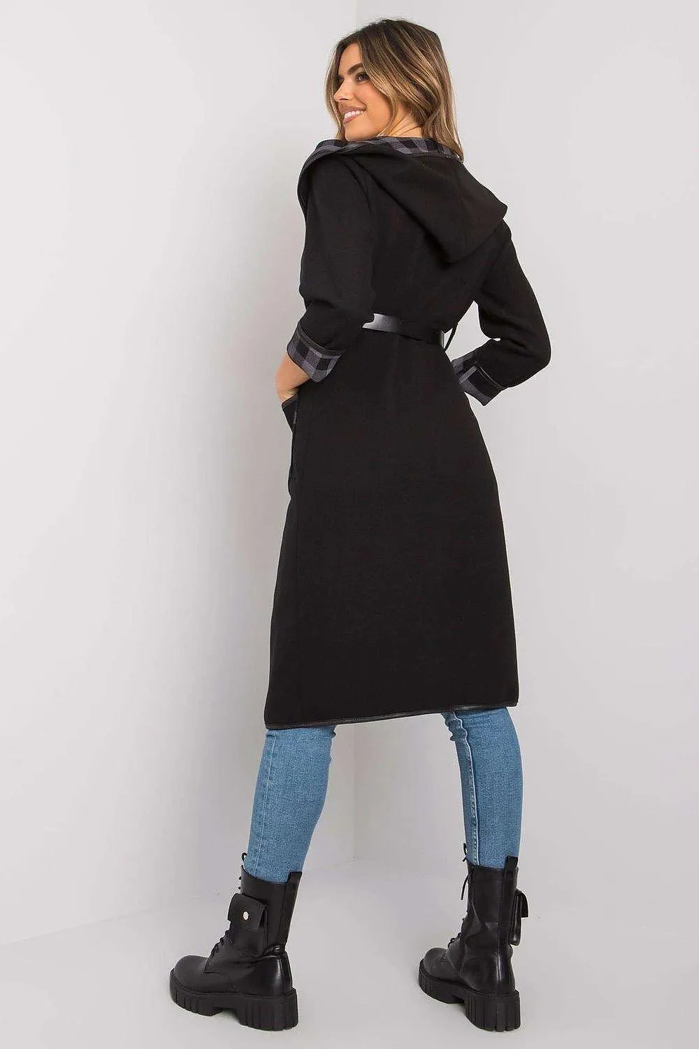 Elegant Black Hooded Women's Coat with Belt and Pockets - Italian Fashion