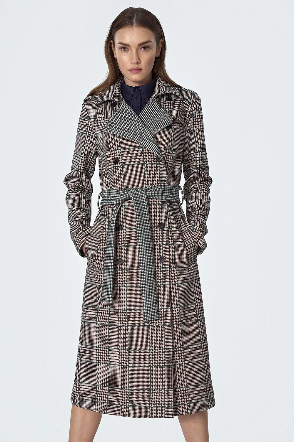 Elegant Checked Waist-Cinching Coat