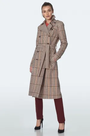 Elegant Checked Waist-Cinching Coat