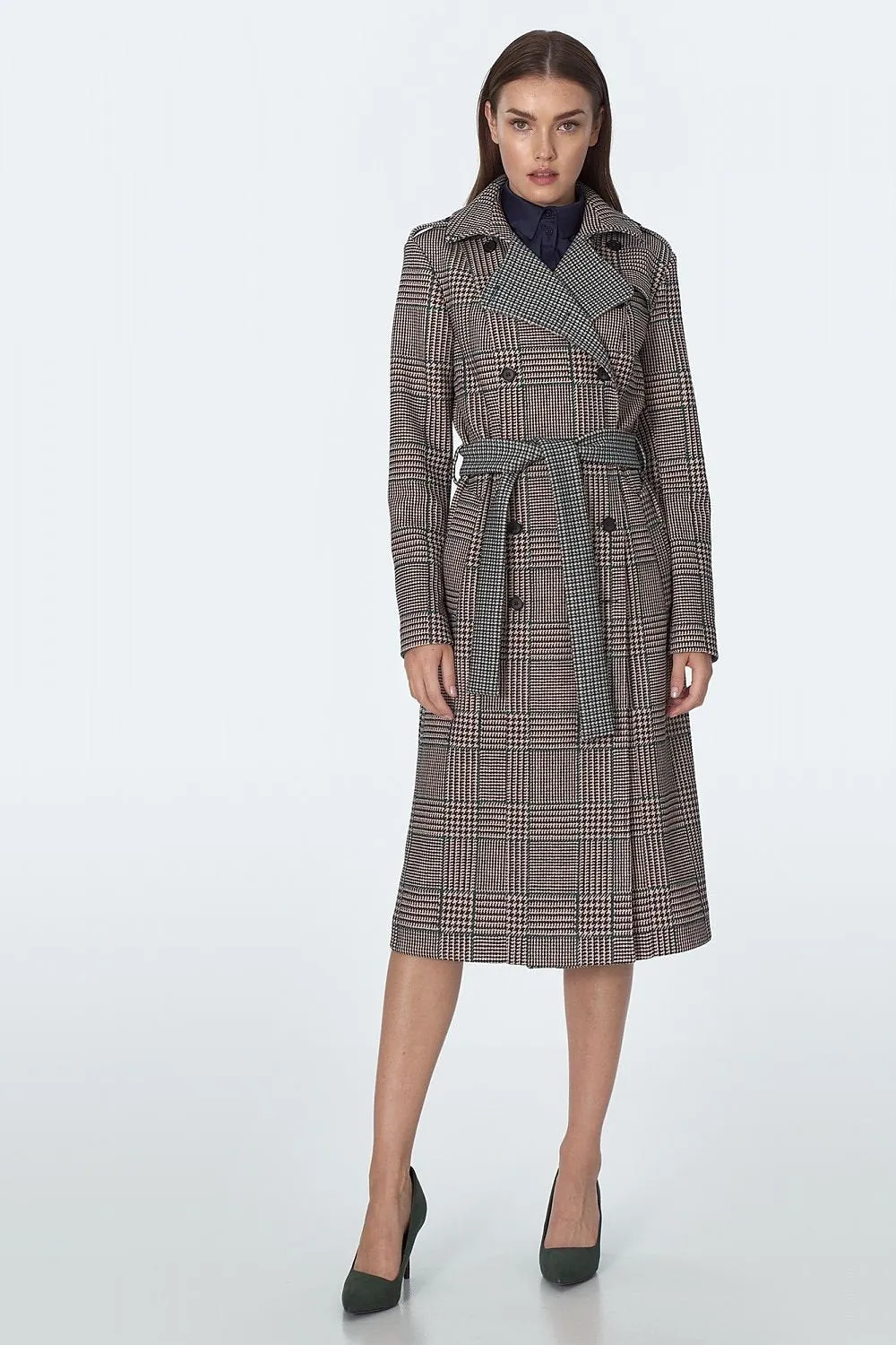 Elegant Checked Waist-Cinching Coat