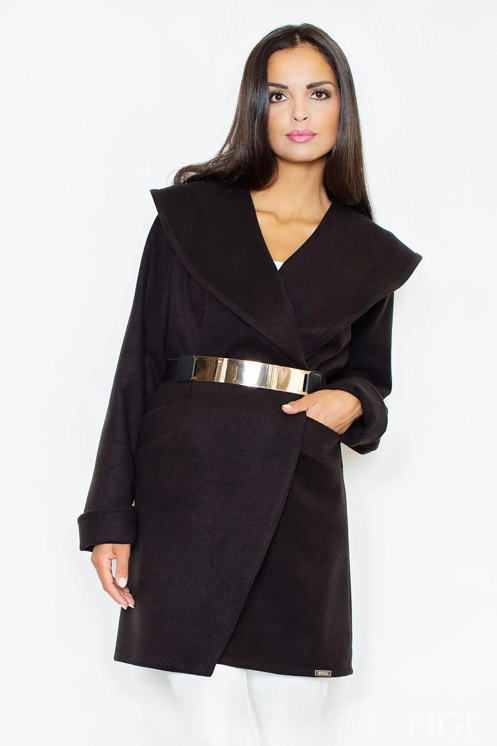 Elegant Knee-Length Knit Coat with Chic Golden Buckle & Stylish Collar