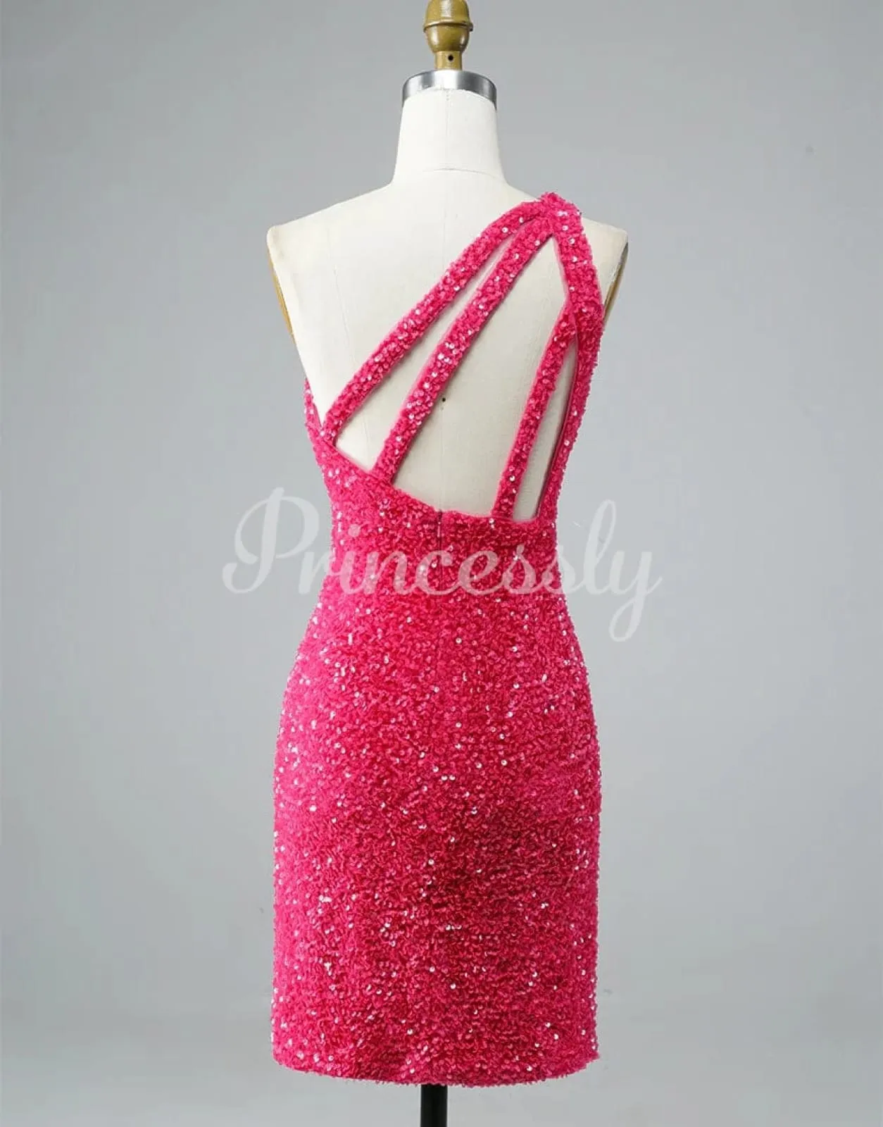 Glitter Hot Pink Sequin One Shoulder Homecoming Wedding Party Dress