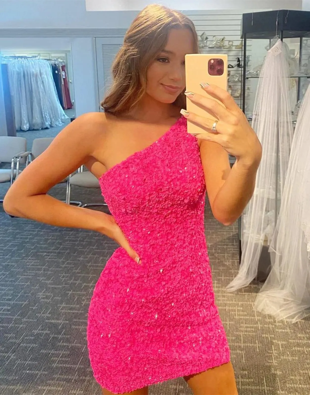 Glitter Hot Pink Sequin One Shoulder Homecoming Wedding Party Dress