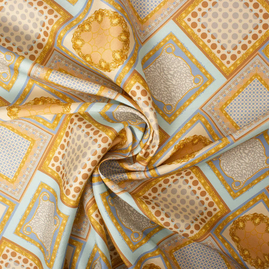 Gold & Soft Blue Multi Printed Pure Silk Shantung