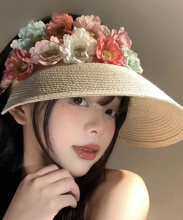 Holiday Style Beige Floral Straw Woven Floppy Sun Hat WB020