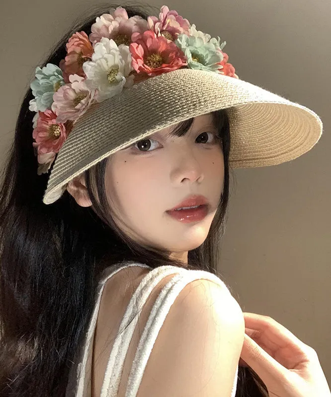 Holiday Style Beige Floral Straw Woven Floppy Sun Hat WB020