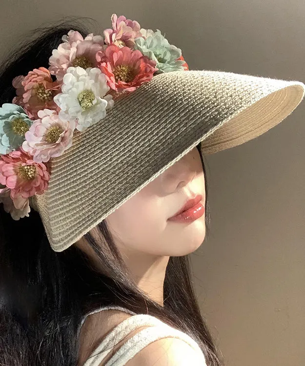 Holiday Style Beige Floral Straw Woven Floppy Sun Hat WB020