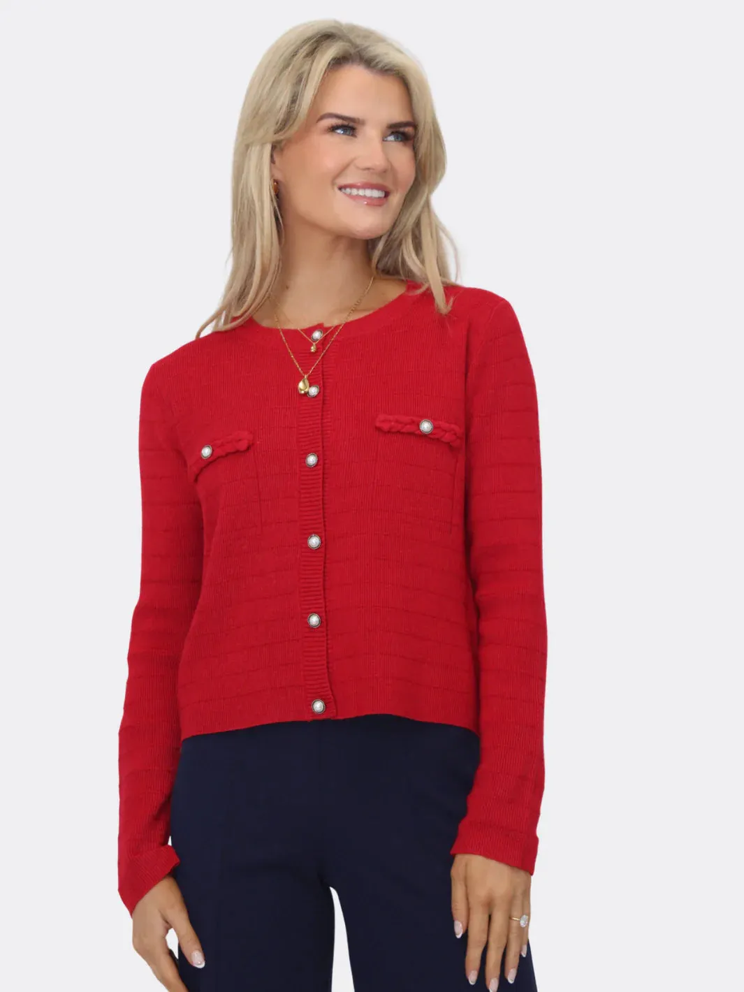 Kate And Pippa Zuki Short Cardigan with Pearl buttons. Red White or Black