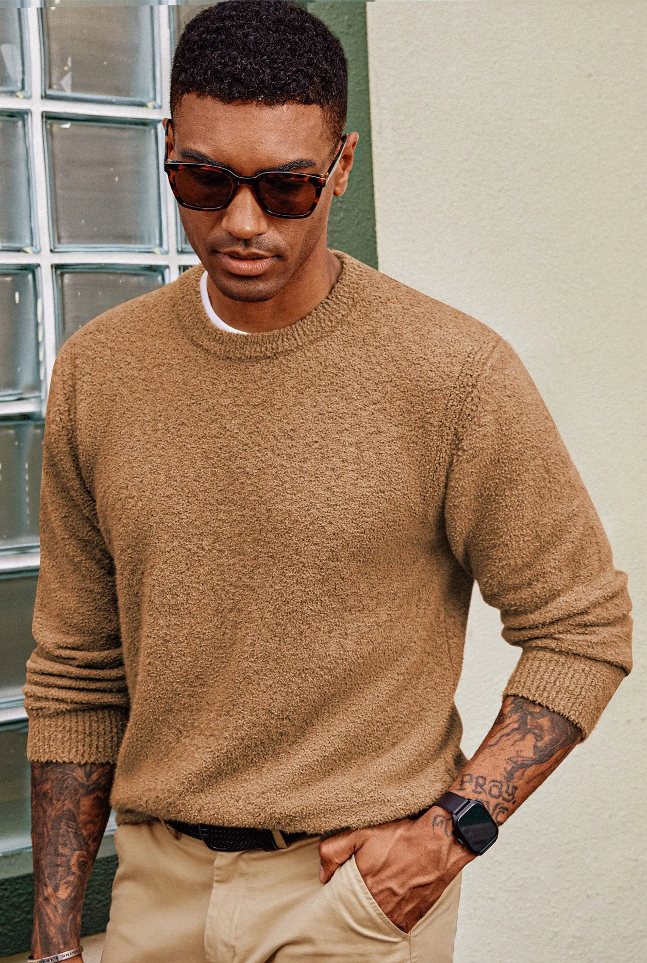 Men Ribbed Cuff Sweater Long Sleeve Crew Neck Pullover Knitwear