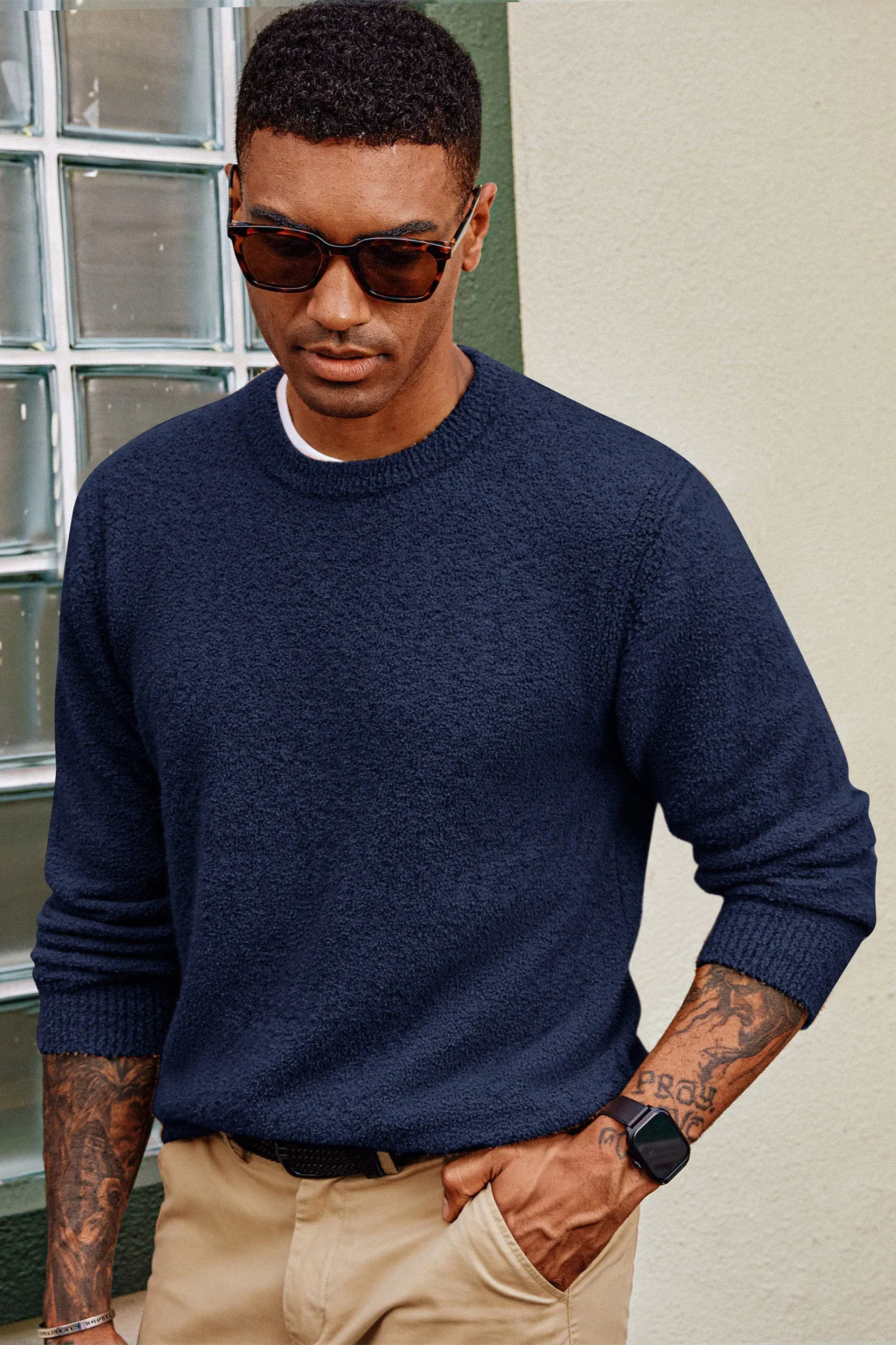 Men Ribbed Cuff Sweater Long Sleeve Crew Neck Pullover Knitwear