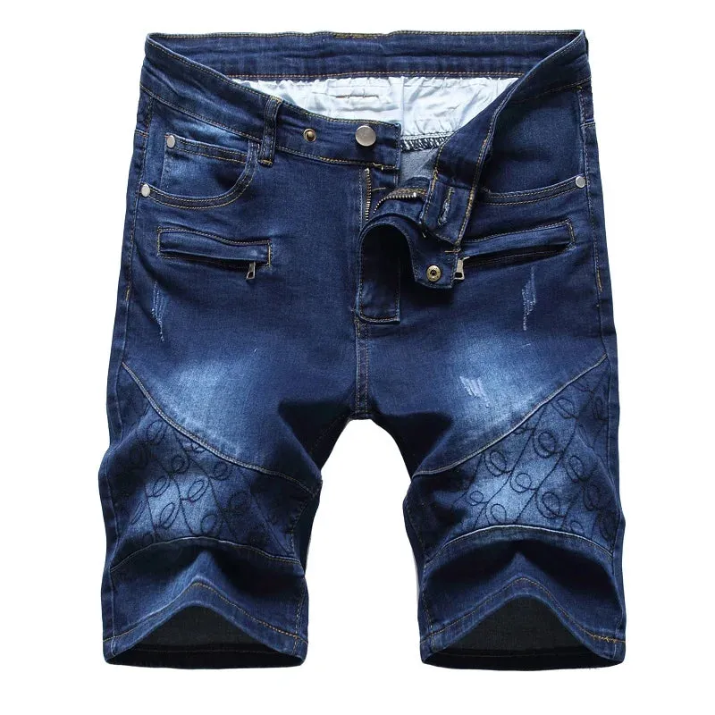 Multi-pocket Zipper Jeans Summer Fashion Denim Shorts for Men Stretch Straight Casual Denim