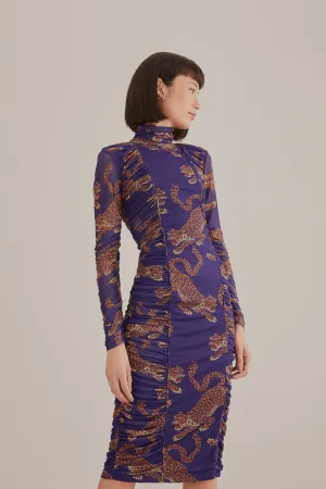 Navy Blue Leopards  High Neck Midi Dress