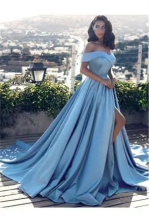 Off The Shoulder Blue Satin Long Modest Prom Dresses Evening Dresses