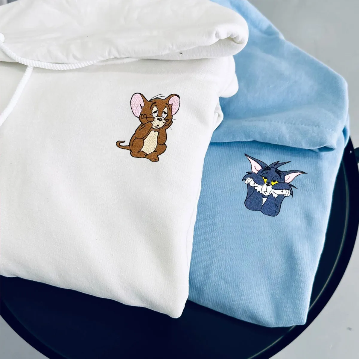 "Mouse & Cat Couple" Couple Hoodies - Custom Embroidered Matching Hoodies For Couples