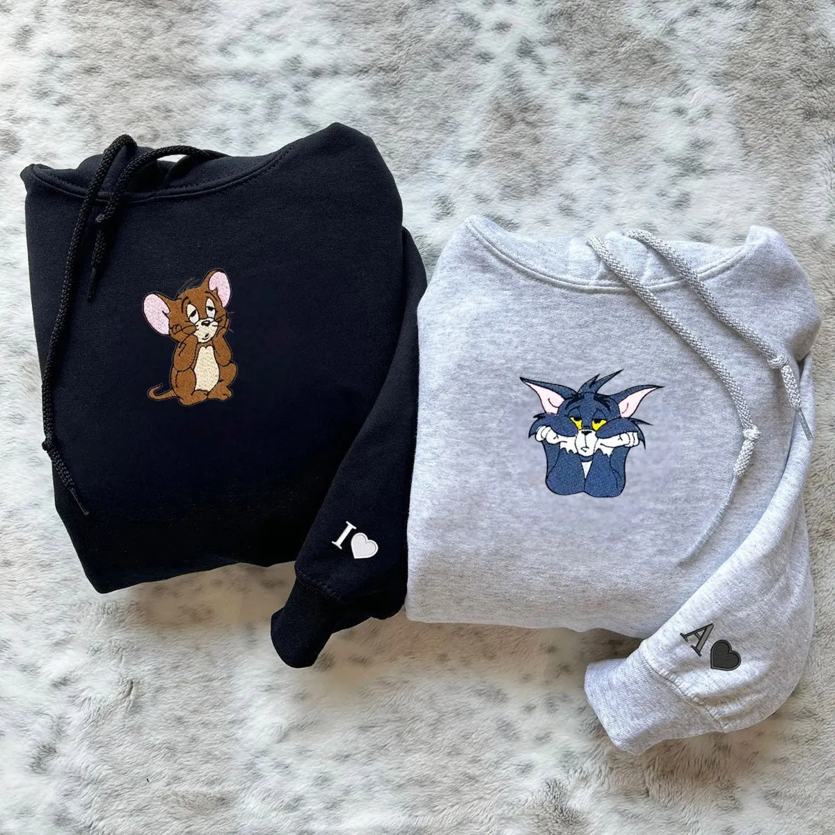 "Mouse & Cat Couple" Couple Hoodies - Custom Embroidered Matching Hoodies For Couples