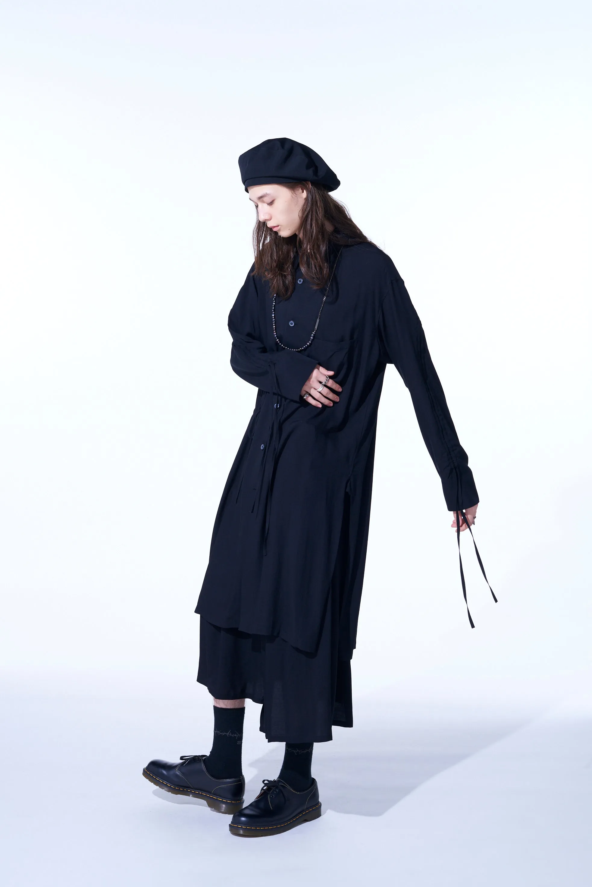 RAYON WASHER TWILL OVERSIZED LONG SHIRT WITH GATHERED STRINGS