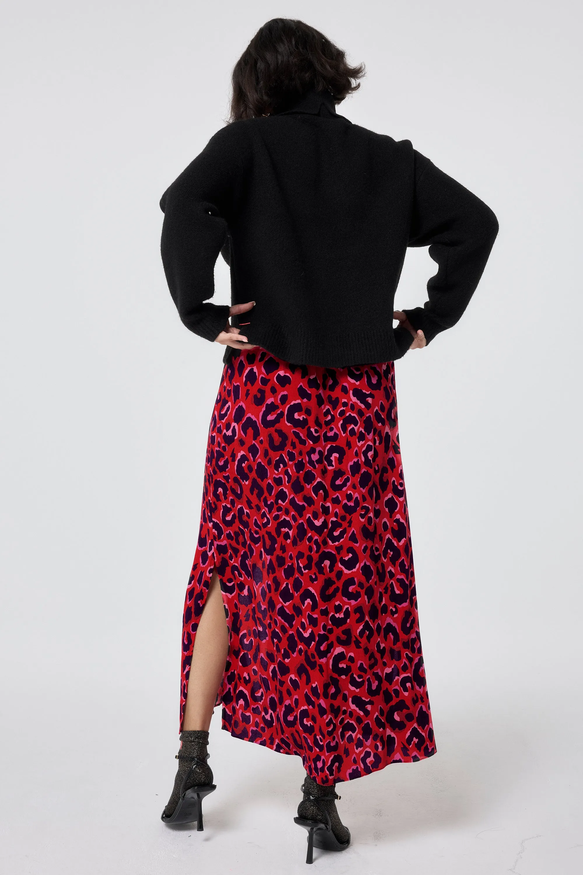 Red with Pink and Black Pop Leopard Button Through Skirt