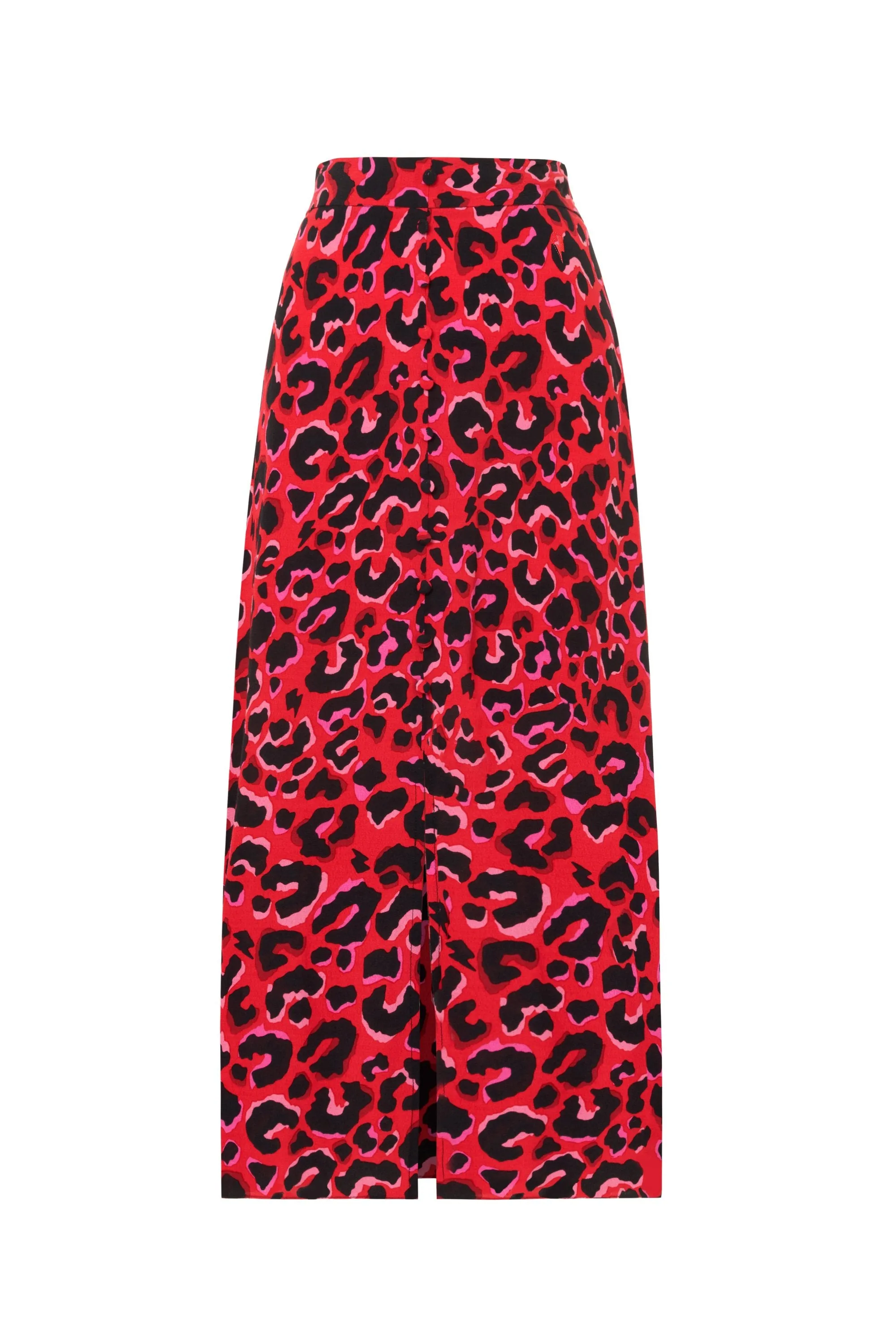 Red with Pink and Black Pop Leopard Button Through Skirt